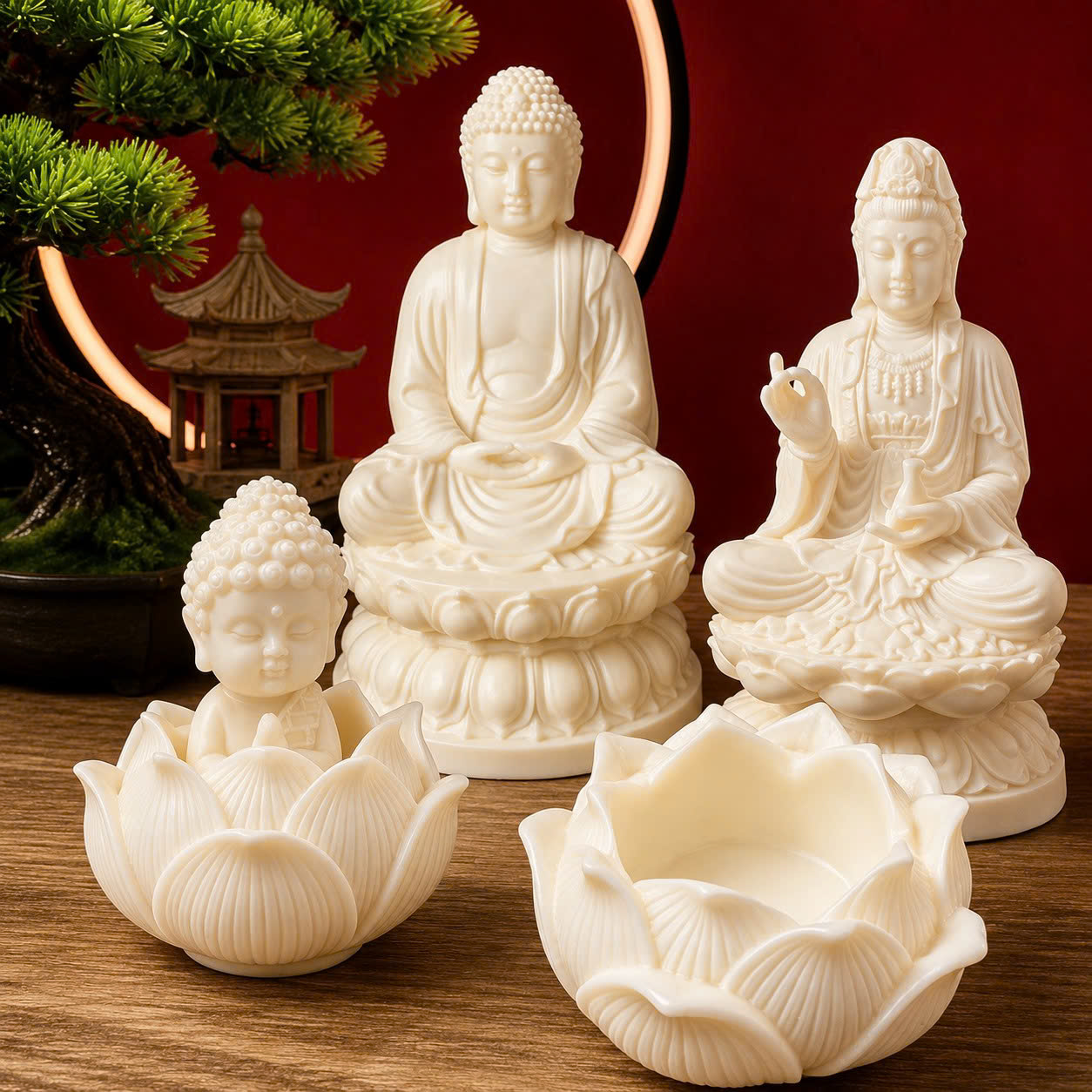 Tượng Phật Ngồi Đài Sen Mini Để Ô Tô, Bàn Làm Việc, Tượng Phật A Di Đà, Quan Âm Bồ Tát Toạ Thiền