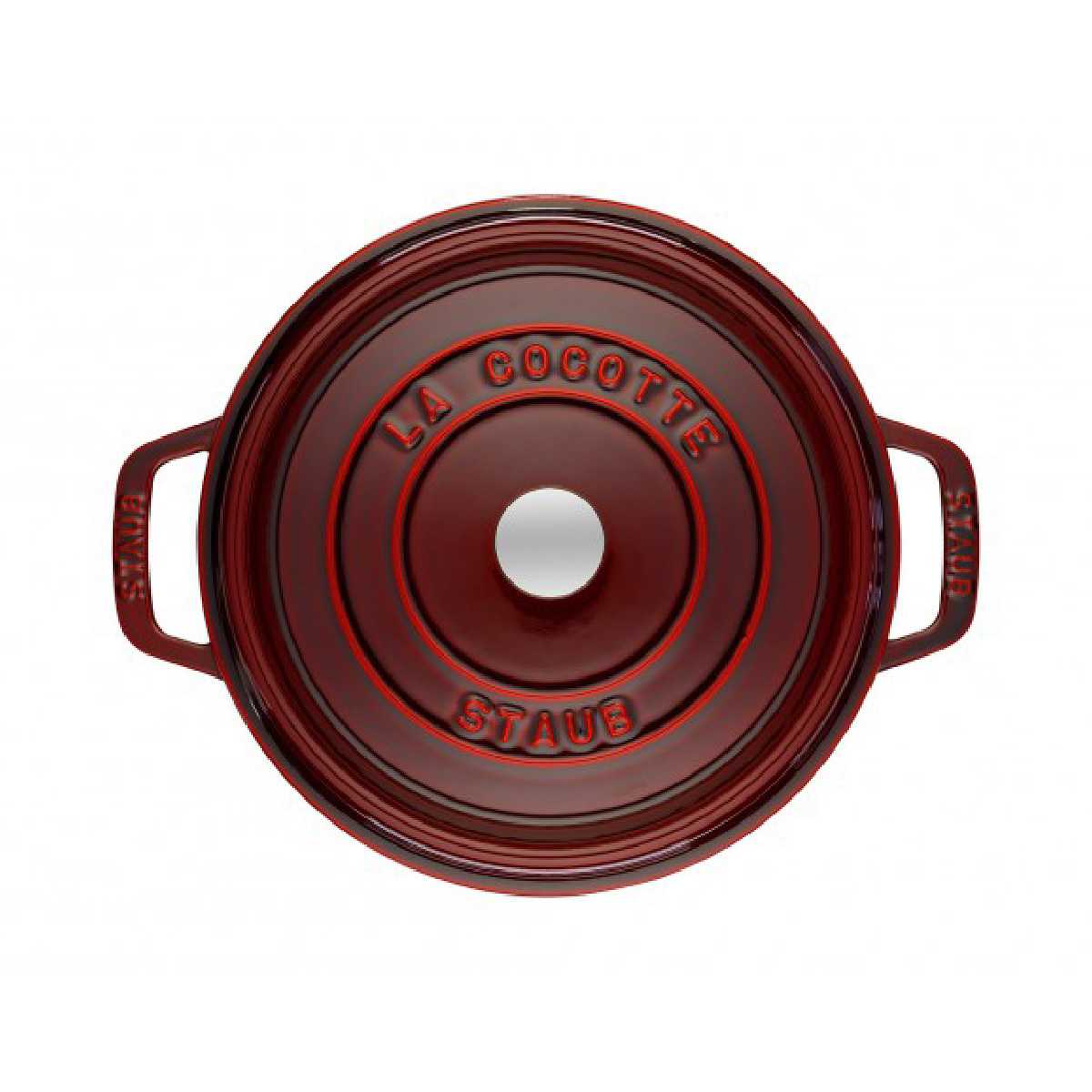 Nồi gang Staub tròn màu đỏ lựu được nhập khẩu trực tiếp từ Pháp.