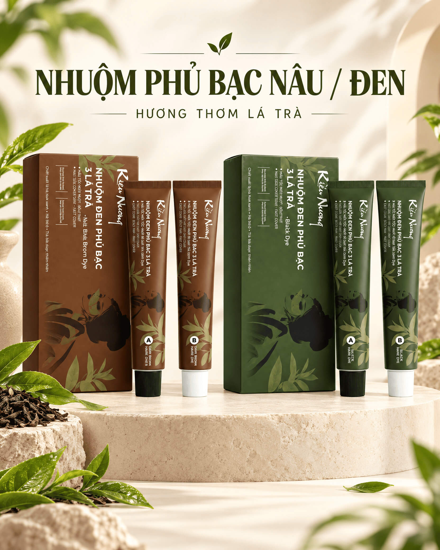Nhuộm đen Kiều Nương phủ bạc 3 lá trà