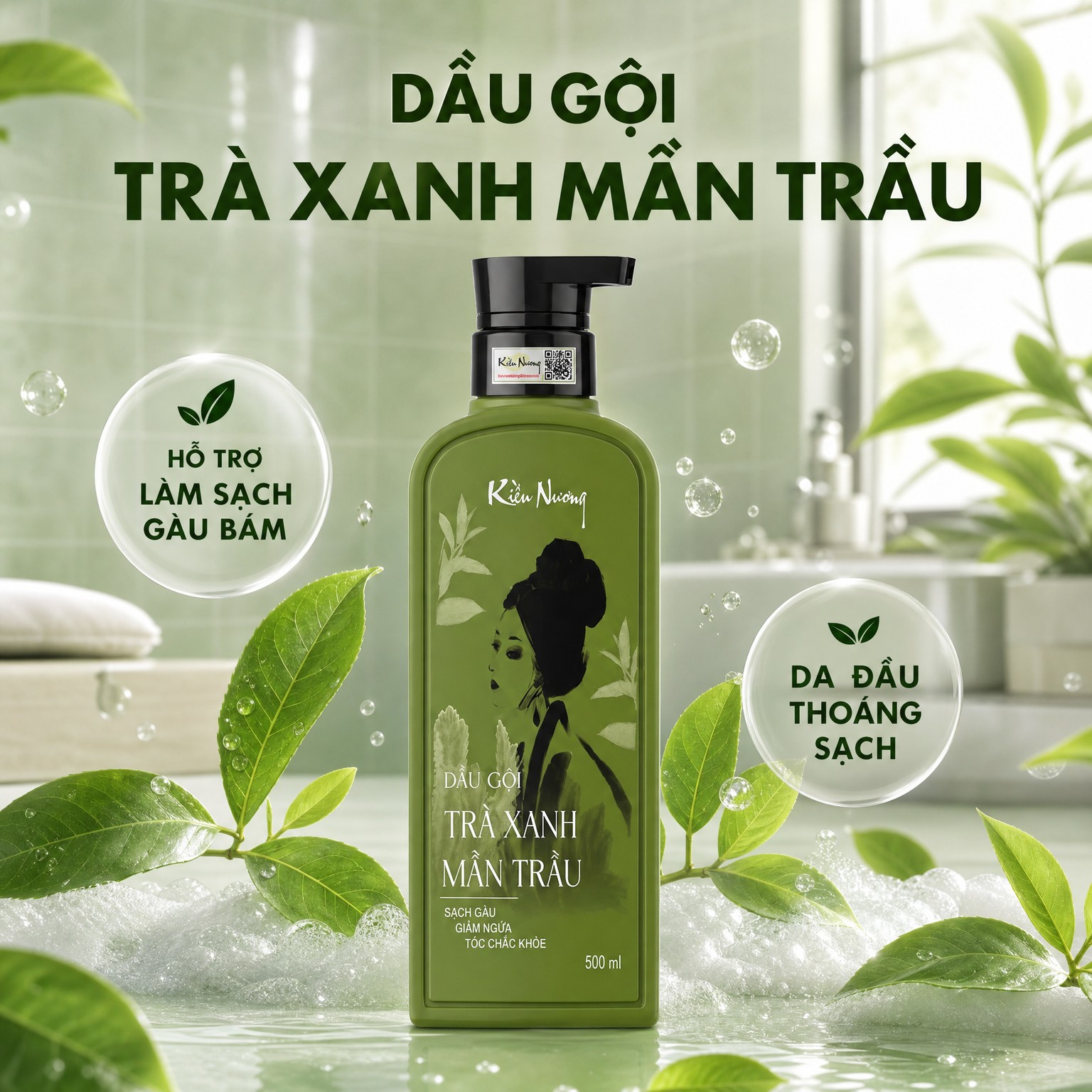 Cặp Dầu gội xả Kiều Nương trà xanh mần trầu giảm ngứa phục hồi