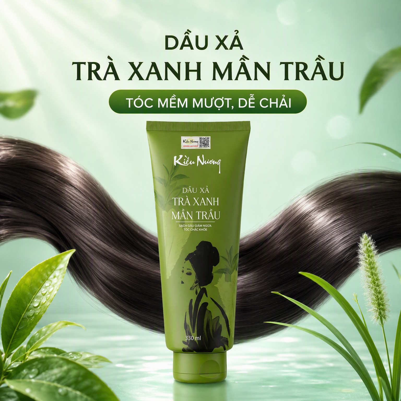 Cặp Dầu gội xả Kiều Nương trà xanh mần trầu giảm ngứa phục hồi