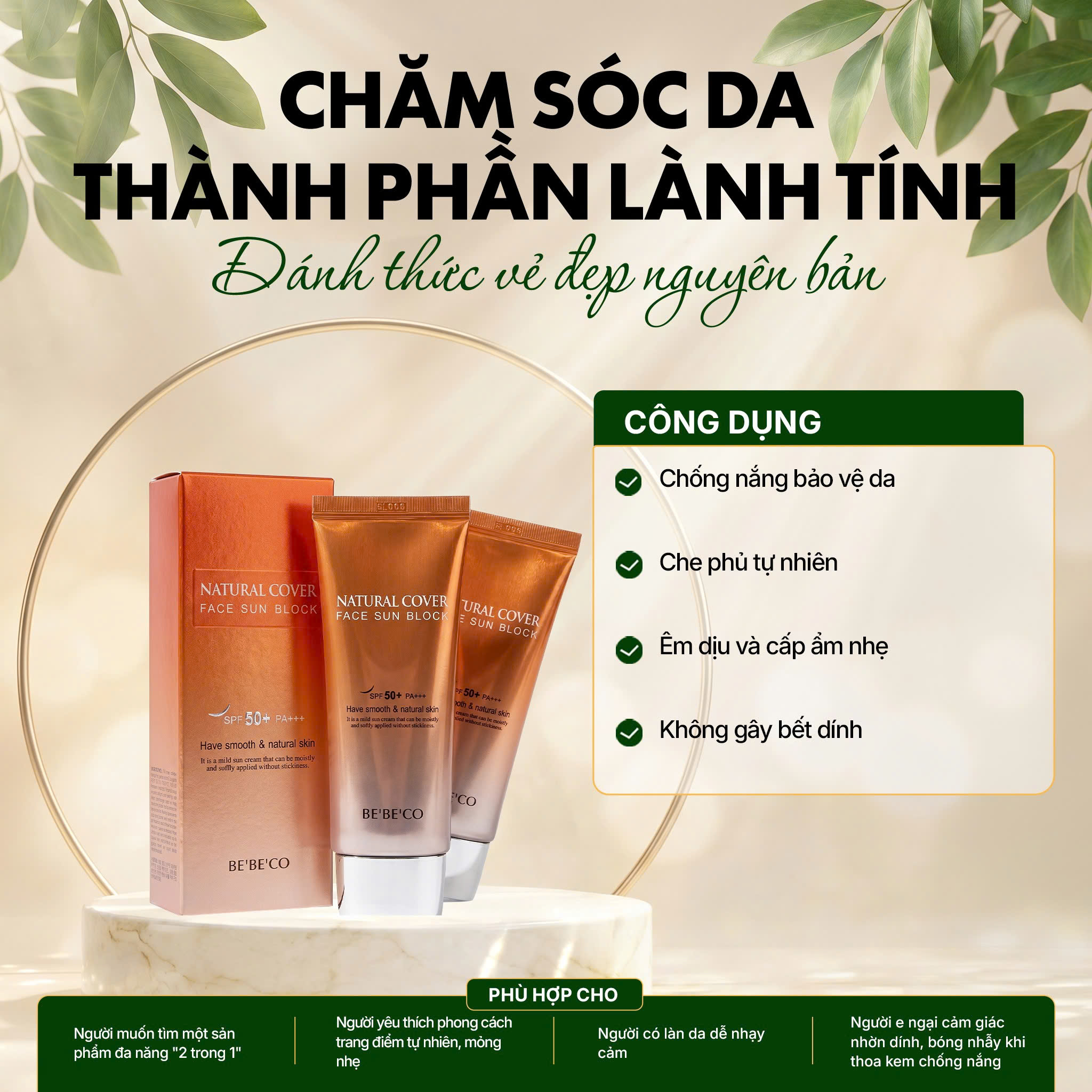Kem chống nắng nền BEBECO bảo vệ SPF 50+ 70ml