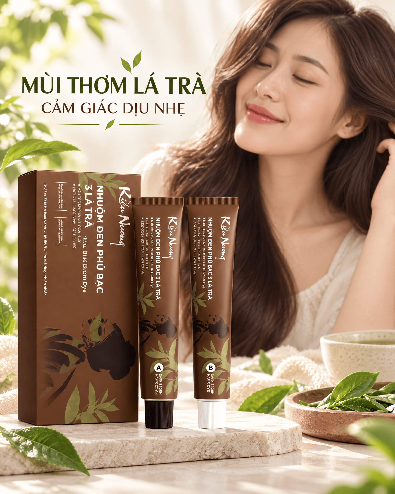 Nhuộm nâu Kiều Nương phủ bạc 3 lá trà