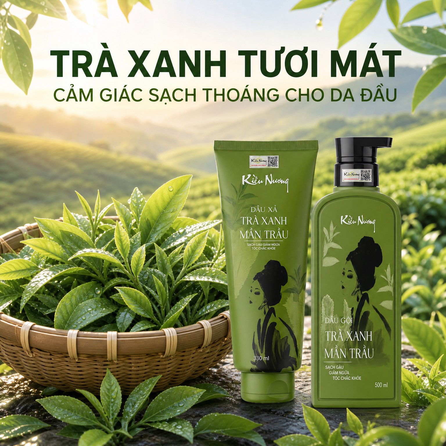 Cặp Dầu gội xả Kiều Nương trà xanh mần trầu giảm ngứa phục hồi