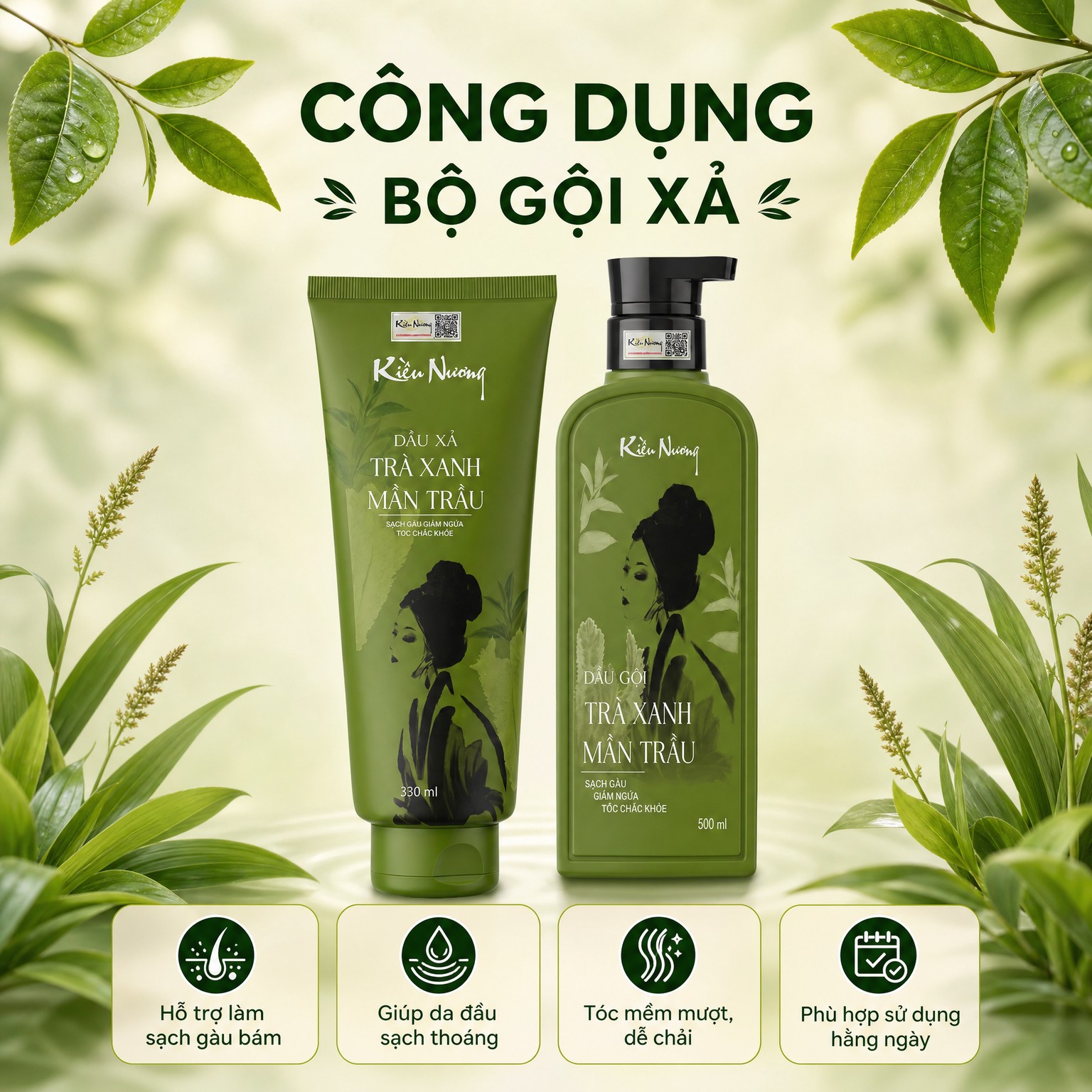 Cặp Dầu gội xả Kiều Nương trà xanh mần trầu giảm ngứa phục hồi