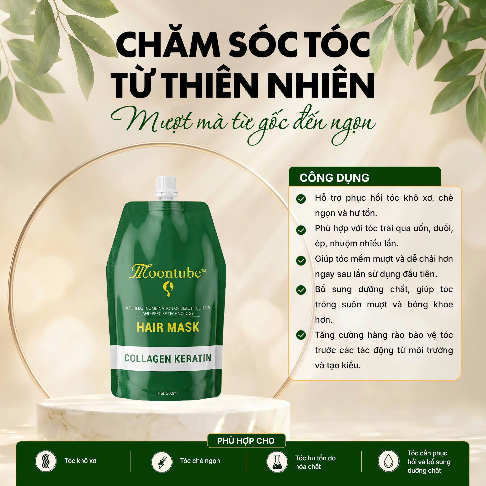 Hấp túi Moontube Collagen siêu mềm mượt 500ml
