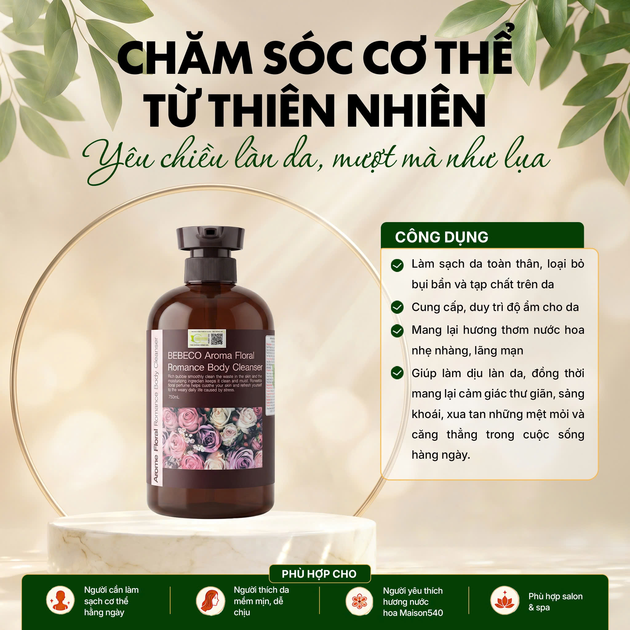 Sữa tắm BEBECO dưỡng ẩm hương nước hoa lãng mạn 750ml