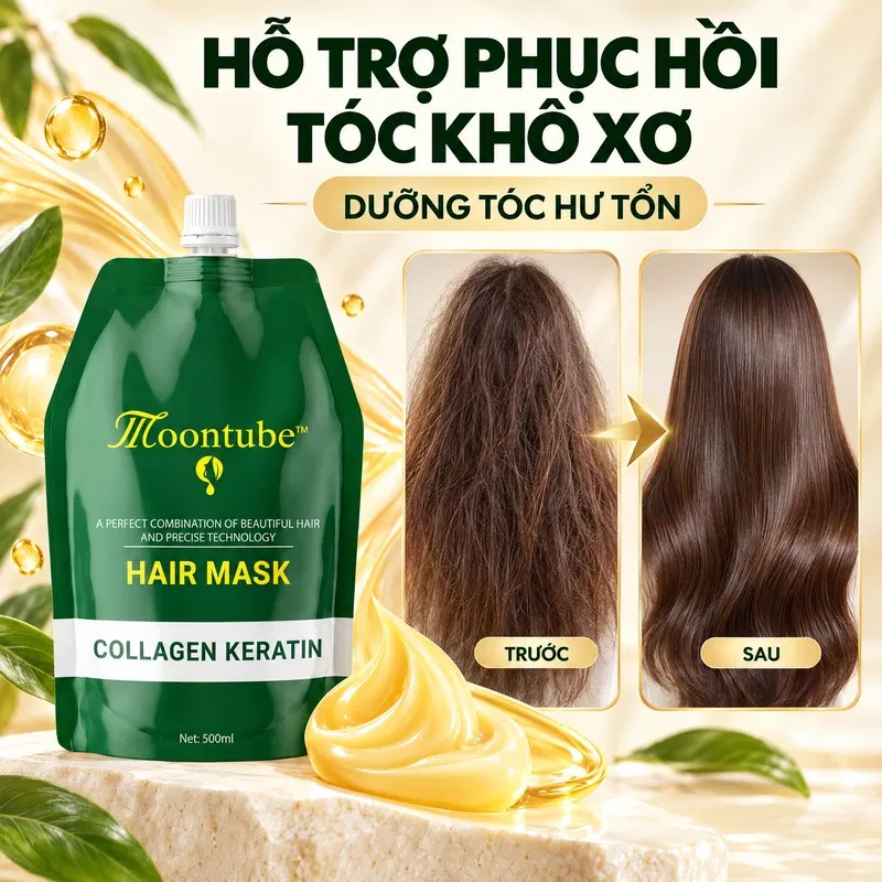 Hấp túi Moontube Collagen siêu mềm mượt hỗ trợ phục hồi tóc hư tổn 500ml