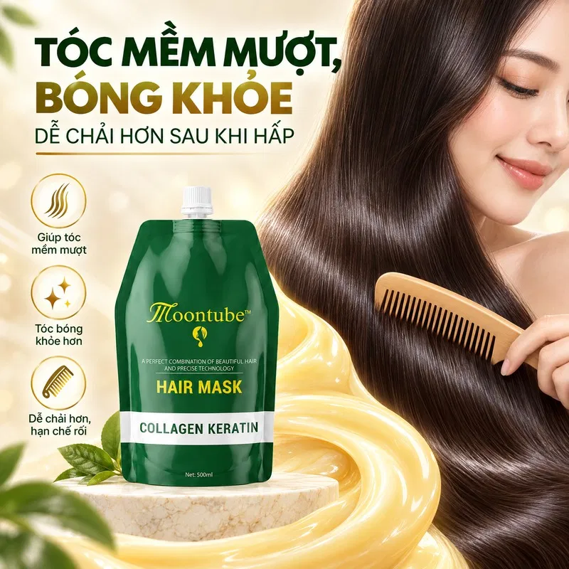 Hấp túi Moontube Collagen siêu mềm mượt hỗ trợ phục hồi tóc hư tổn 500ml