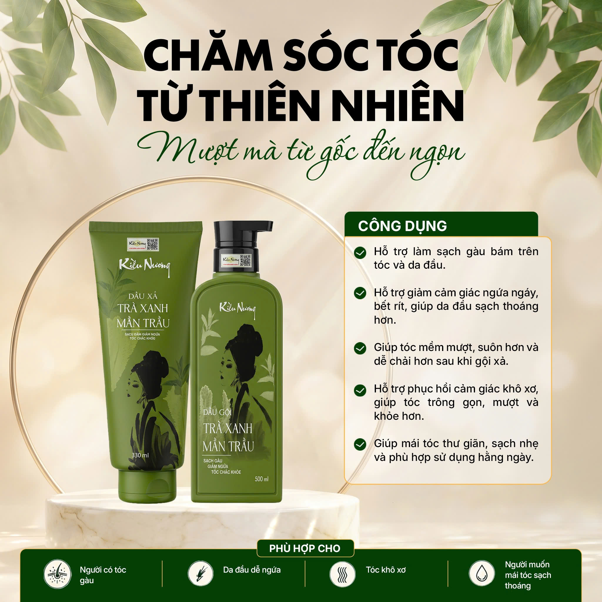 Bộ Dầu gội xả Kiều Nương trà xanh mần trầu giảm ngứa phục hồi