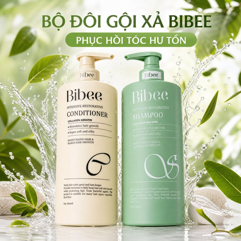 Cặp dầu gội xả Bibee phục hồi chuyên sâu hỗ trợ mọc tóc siêu mềm mượt 500ml