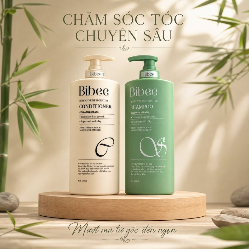Cặp dầu gội xả Bibee phục hồi chuyên sâu hỗ trợ mọc tóc siêu mềm mượt 500ml