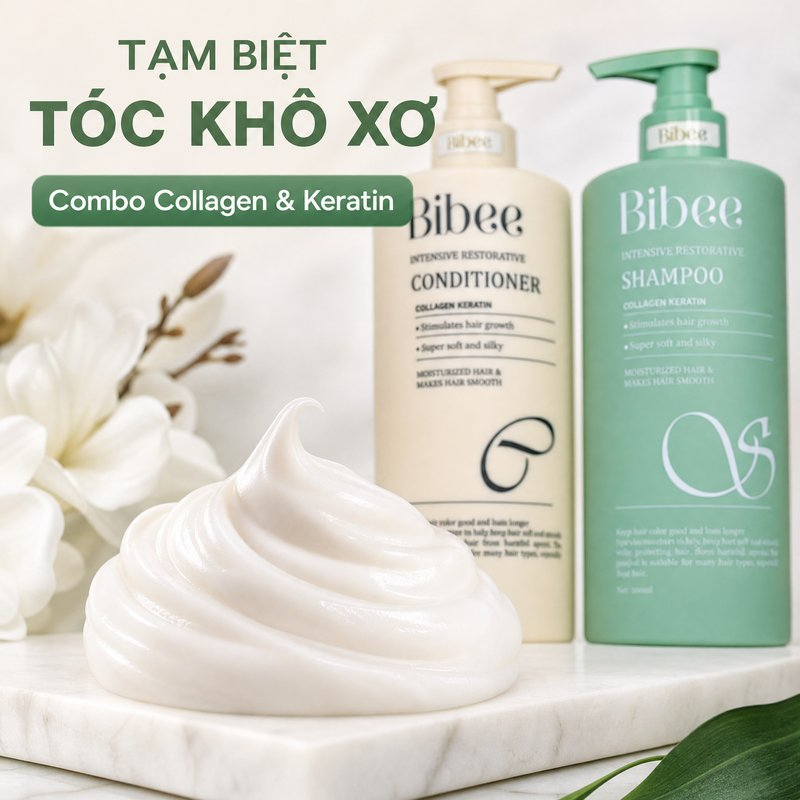Cặp dầu gội xả Bibee phục hồi chuyên sâu hỗ trợ mọc tóc siêu mềm mượt 500ml