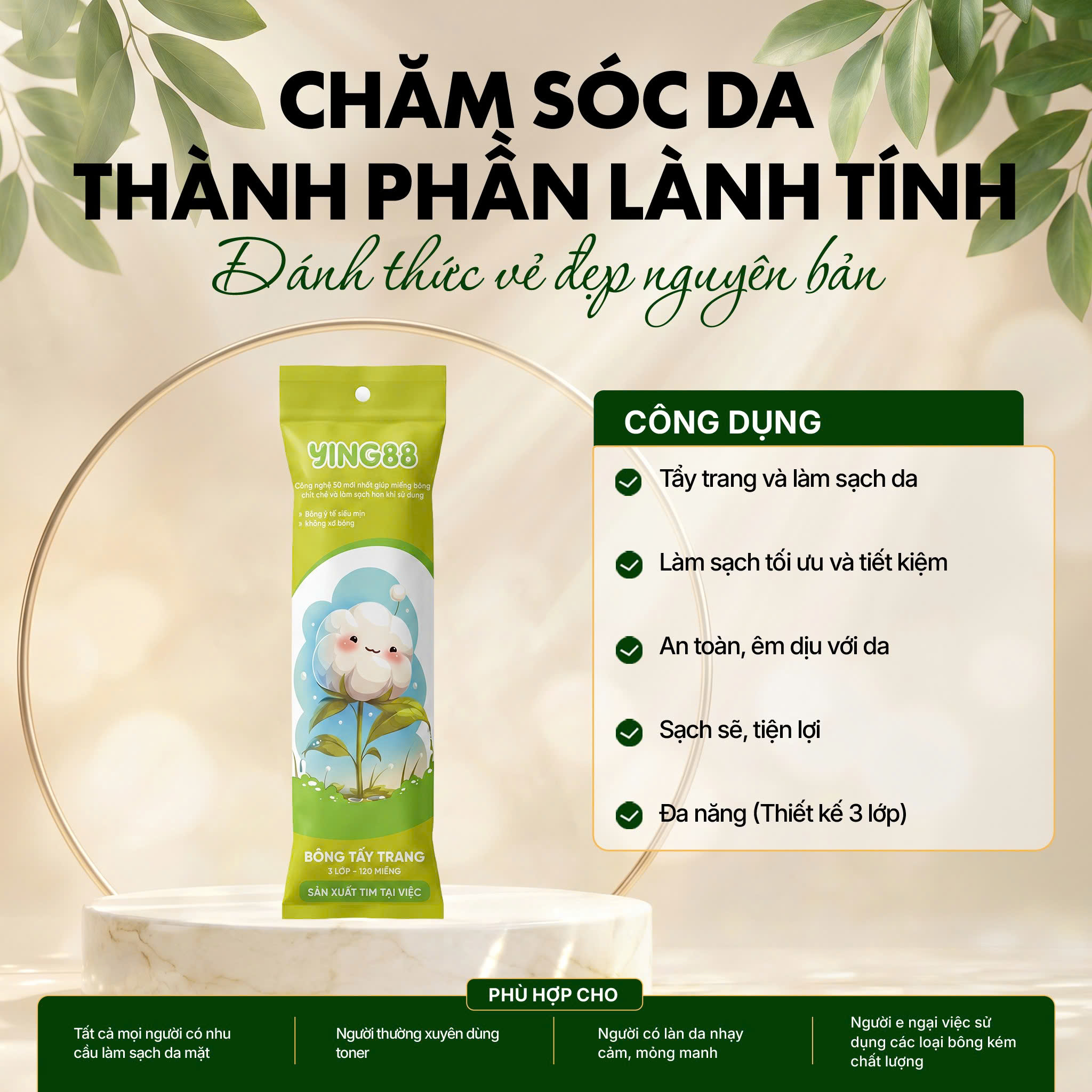 Bông tẩy trang Ying88 xanh 120 miếng