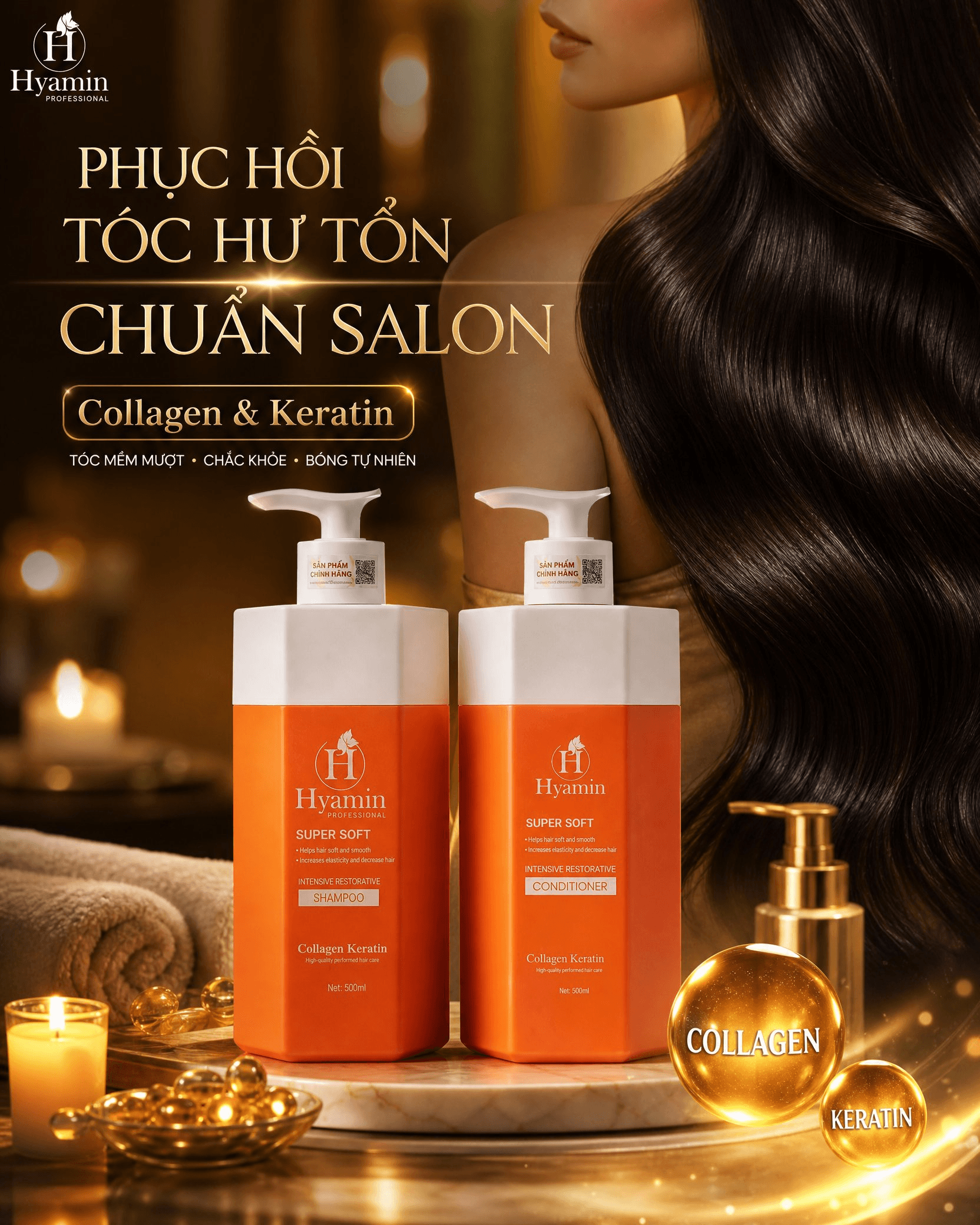 Cặp gội xả Hyamin suôn mượt kiềm dầu phục hồi tóc hư tổn 500ml