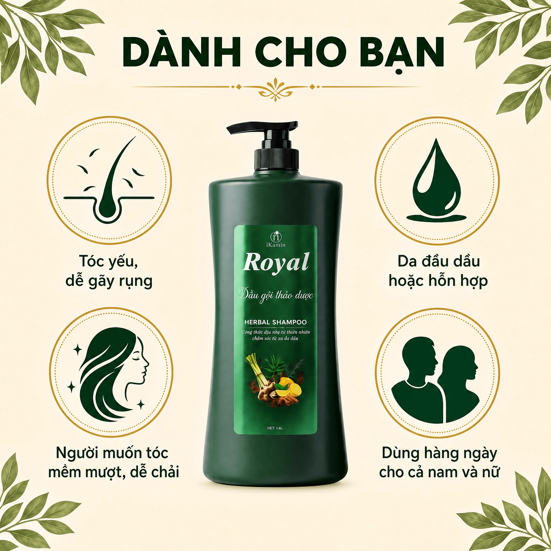 Cặp dầu gội xả Royal thảo dược làm sạch sâu dưỡng tóc mềm mượt 800ml