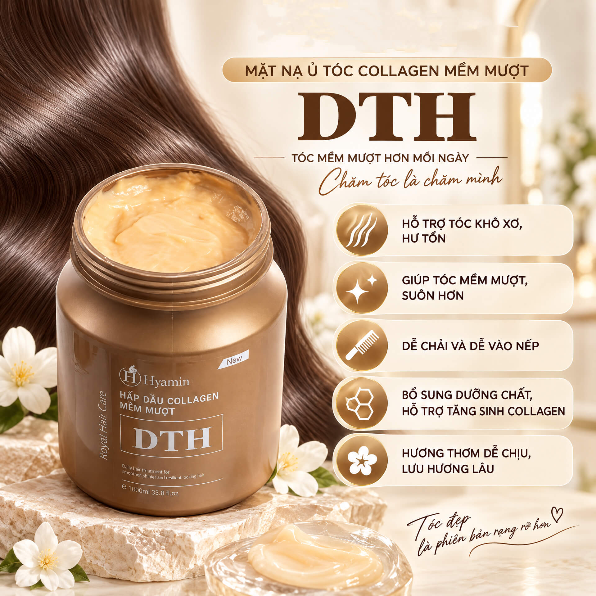 Hũ hấp xả tóc DTH Royal hỗ trợ phục hồi hư tổn 1000ml