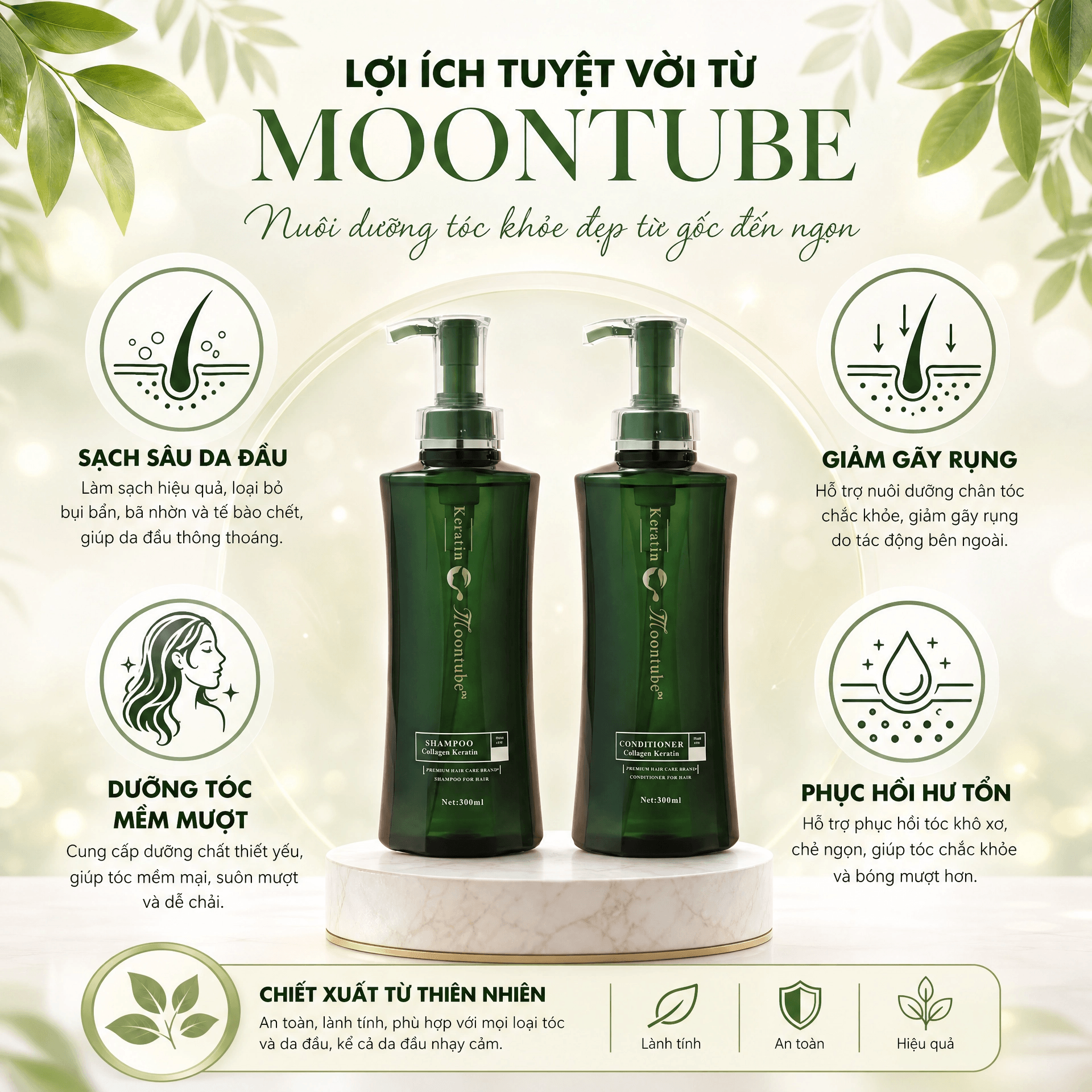 Cặp gội xả Moontube chính hãng phục hồi chuyên sâu dưỡng tóc mềm mượt 800ml