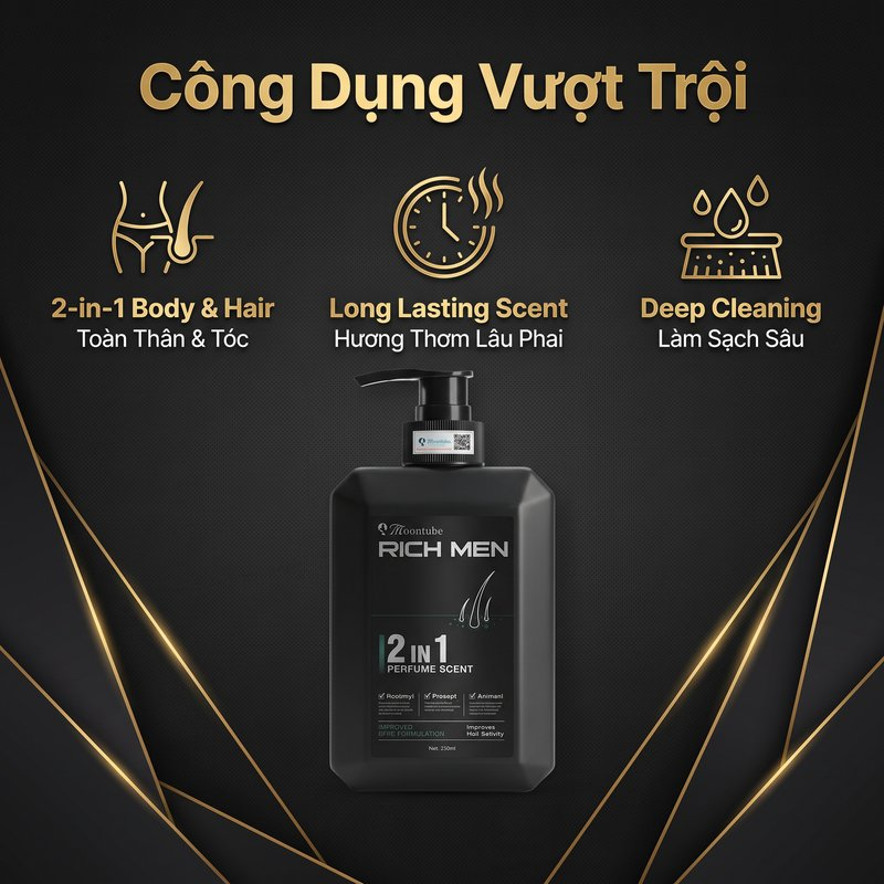 Sữa tắm gội nam Moontube 2in1 Rich Men sạch sâu hương nam tính 350ml
