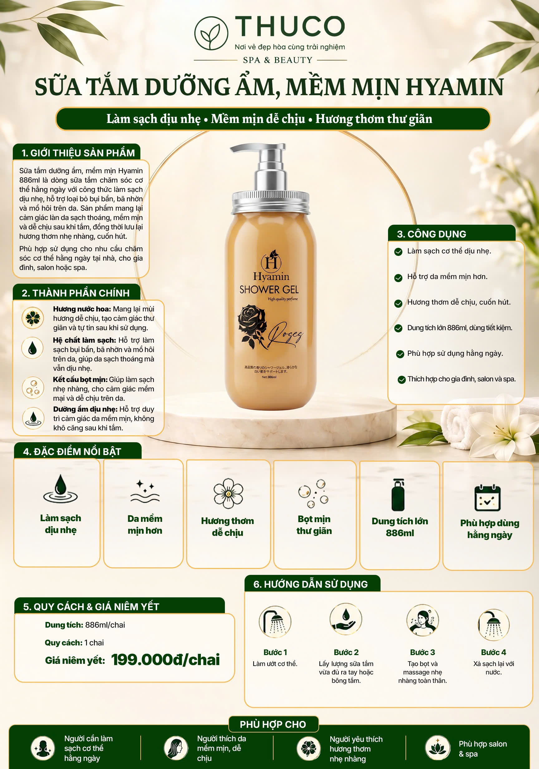 Sữa tắm HYAMIN dưỡng ẩm hương thơm quyến rũ 886ml