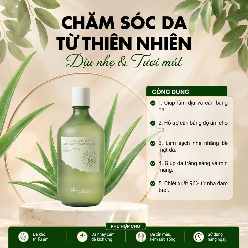 Nước hoa hồng SHUHARI nha đam tươi dưỡng sáng cân bằng độ ẩm 500ml