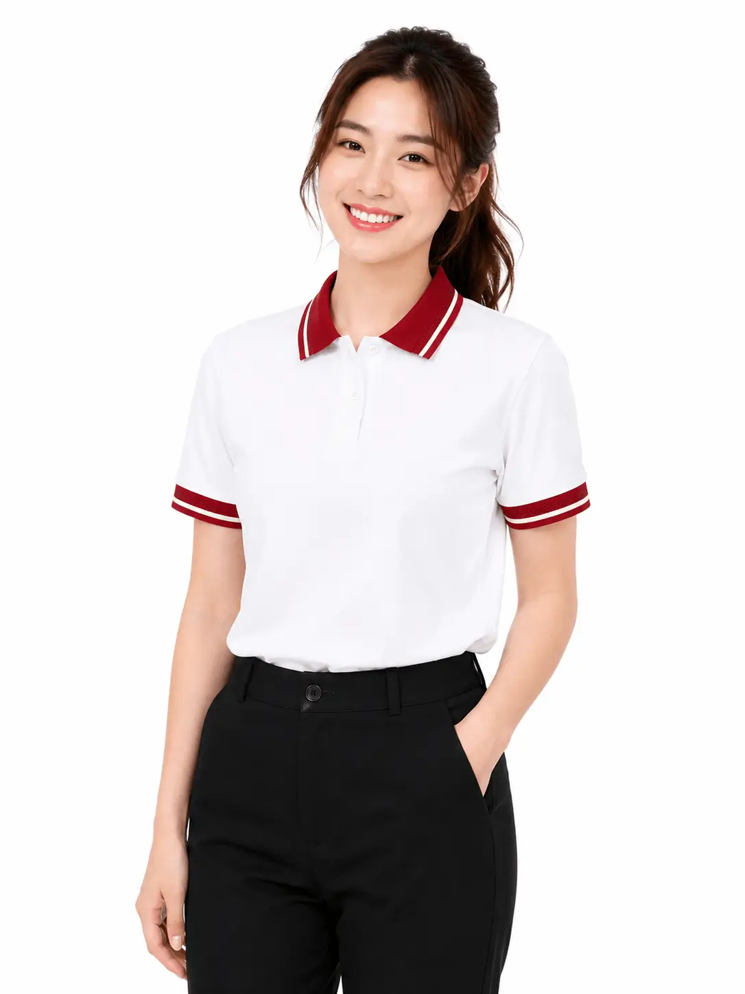 Áo Polo Trắng Phối Cổ Đỏ Đô Sọc Be