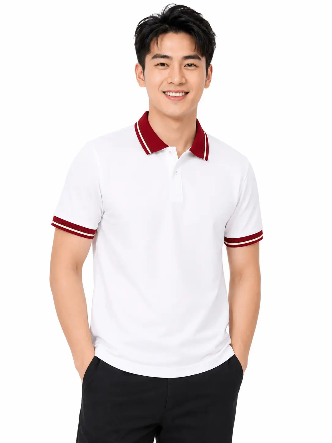 Áo Polo Trắng Phối Cổ Đỏ Đô Sọc Be