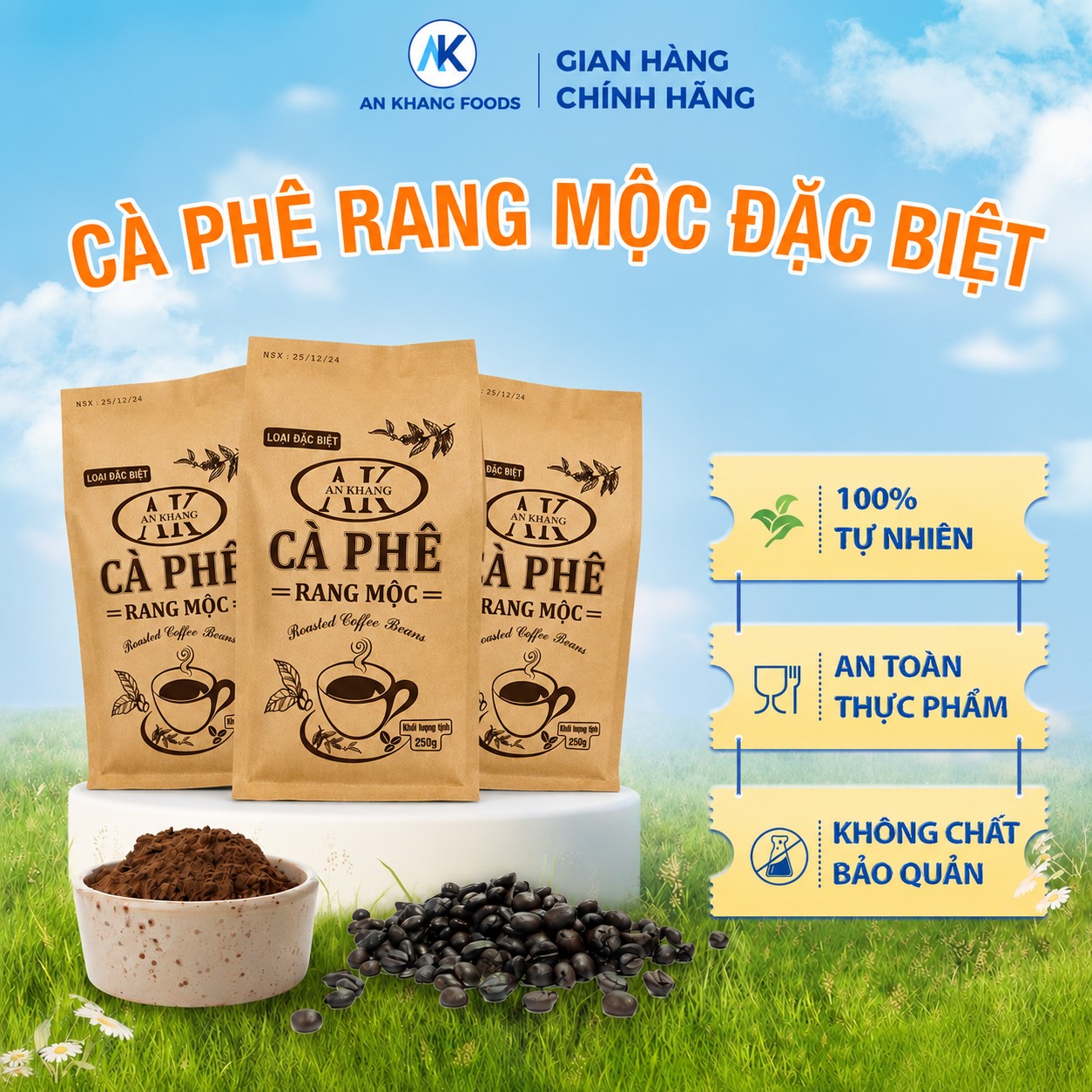 Cà phê Robusta rang mộc nguyên chất loại đặc biệt 250g cafe truyền thống đậm đà AnKhang Foods