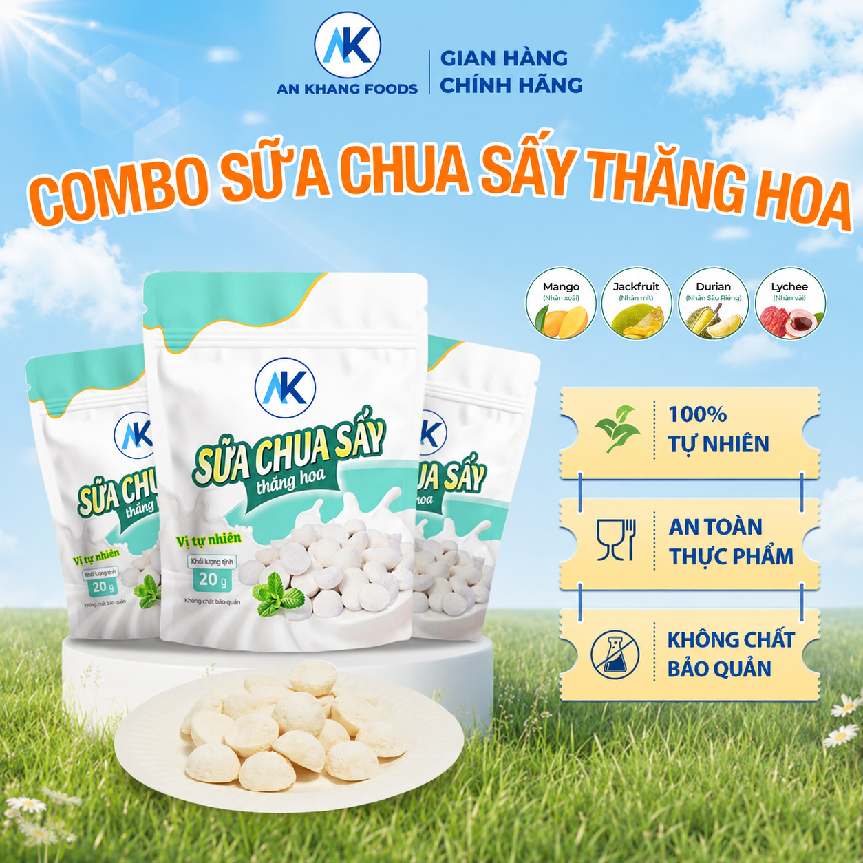 Combo sữa chua sấy thăng hoa vị chua ngọt từ sữa tươi nguyên chất gói 20g AnKhang Foods