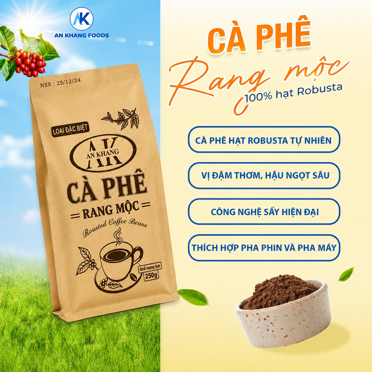 Cà phê Robusta rang mộc nguyên chất loại đặc biệt 250g cafe truyền thống đậm đà AnKhang Foods