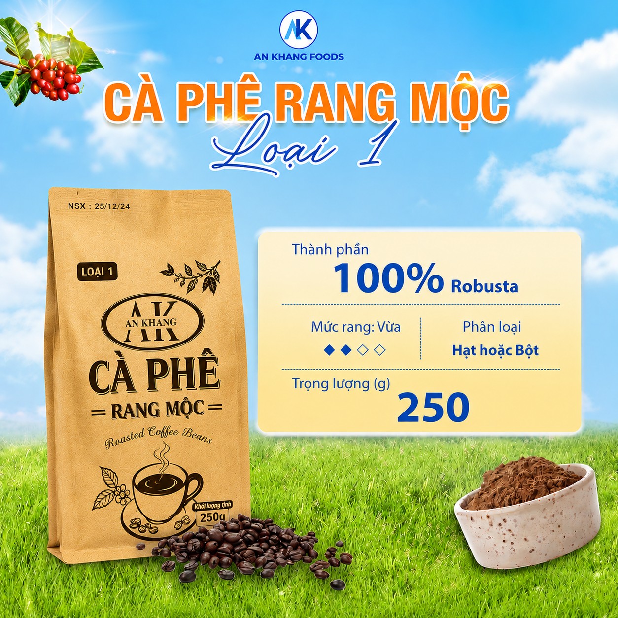 Cà phê Robusta rang mộc nguyên chất loại 1 cafe đắng đậm đà thơm nồng AnKhang Foods