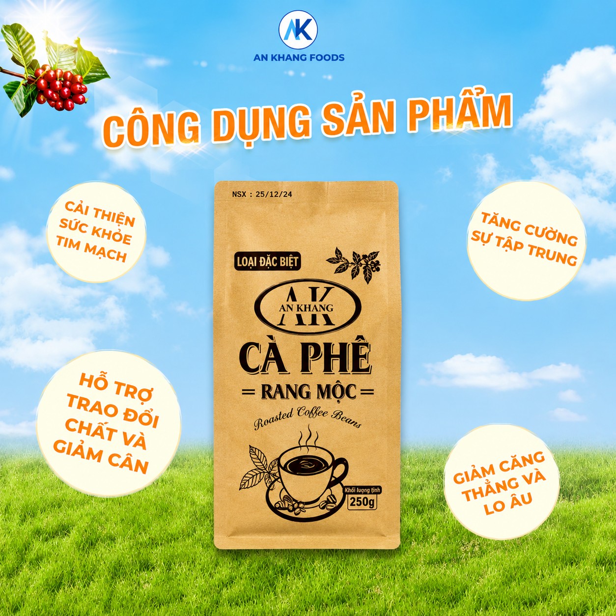 Cà phê Robusta rang mộc nguyên chất loại đặc biệt 250g cafe truyền thống đậm đà AnKhang Foods