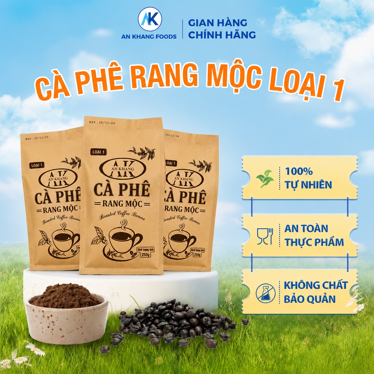 Cà phê Robusta rang mộc nguyên chất loại 1 cafe đắng đậm đà thơm nồng AnKhang Foods