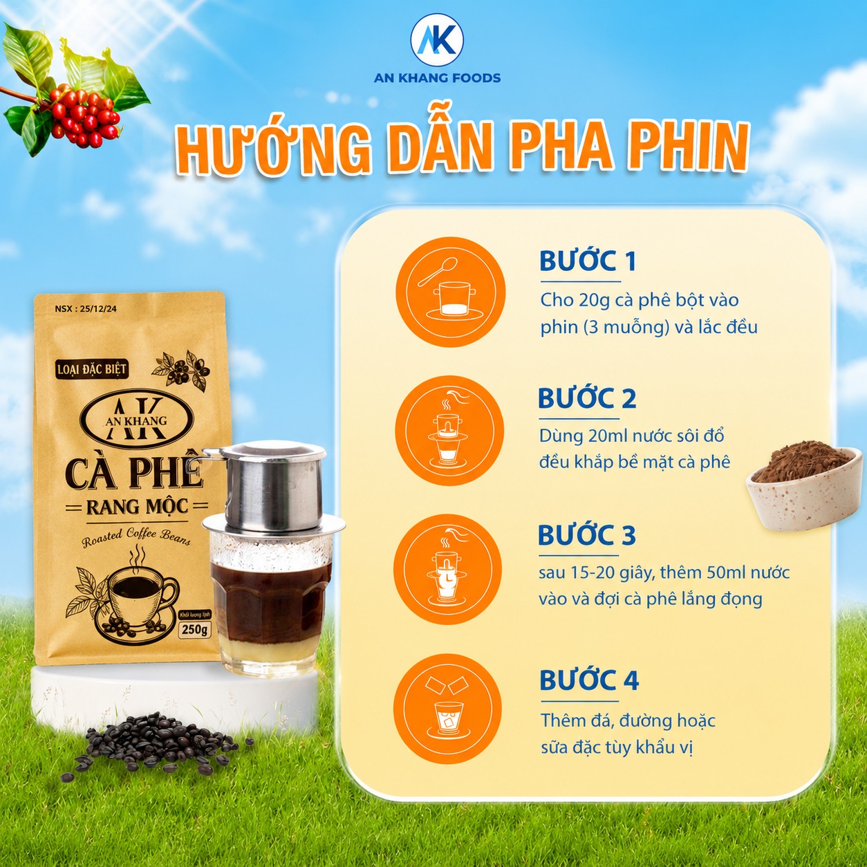 Cà phê Robusta rang mộc nguyên chất loại đặc biệt 250g cafe truyền thống đậm đà AnKhang Foods