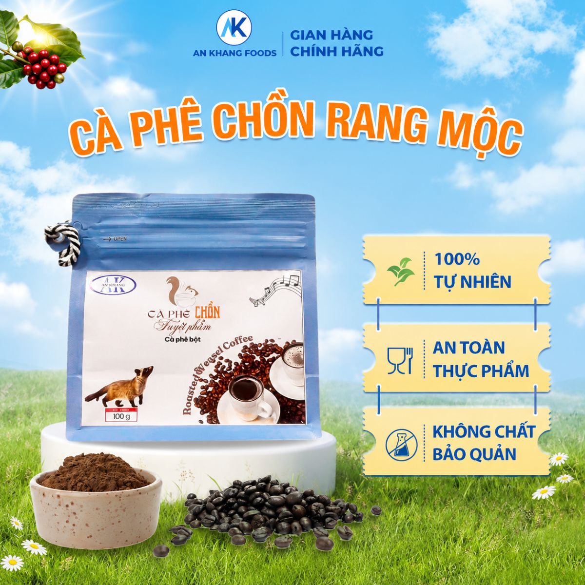Cà phê chồn Robusta rang mộc 100% nguyên chất cafe pha phin hoặc máy thơm ngon AnKhang Foods_ Sản phẩm Ocop