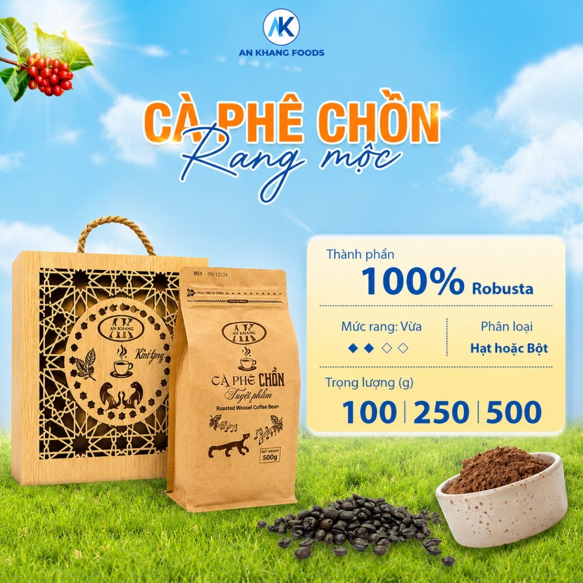 Cà phê chồn rang mộc Robusta nguyên chất vị thơm ngon đặc trưng AnKhang Foods_ Sản phẩm Ocop