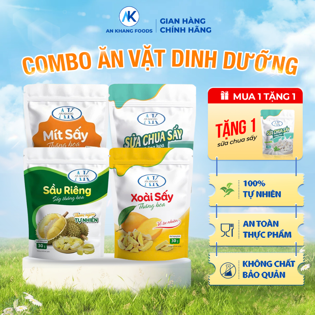 Combo ăn vặt dinh dưỡng không đường xoài, mít, sầu riêng, sữa chua sấy thăng hoa AnKhang Foods