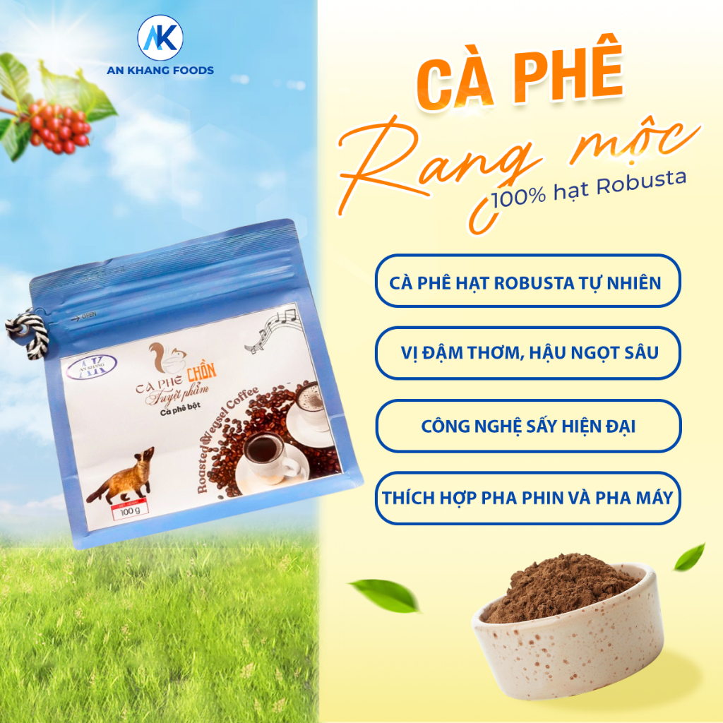 Cà phê chồn rang mộc Robusta nguyên chất vị thơm ngon đặc trưng AnKhang Foods_ Sản phẩm Ocop