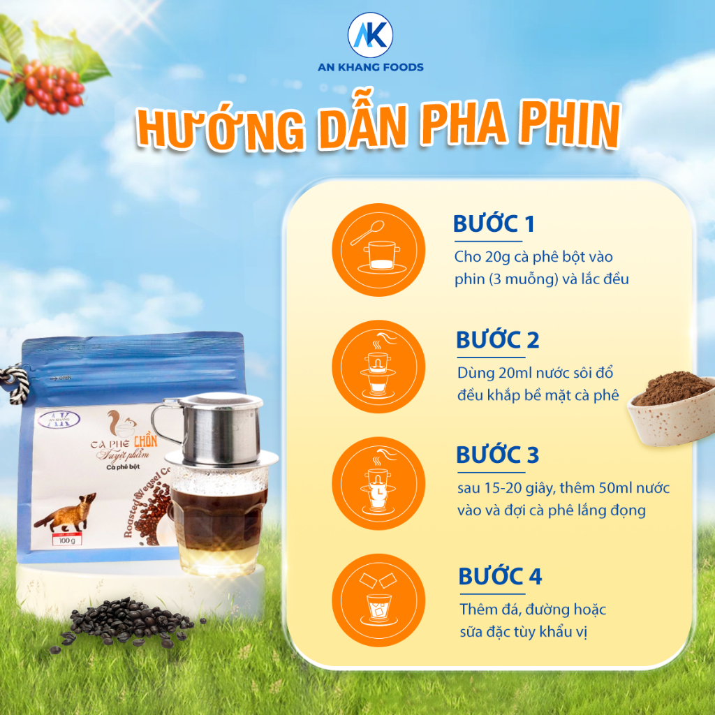 Cà phê chồn Robusta rang mộc 100% nguyên chất cafe pha phin hoặc máy thơm ngon AnKhang Foods_ Sản phẩm Ocop