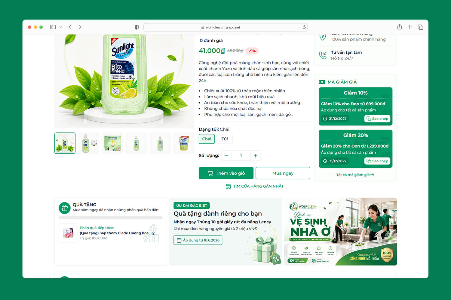 Ưu đãi đặc biệt, và hiển thị đã nhận được quà tặng khi mua đủ giá trị đơn hàng