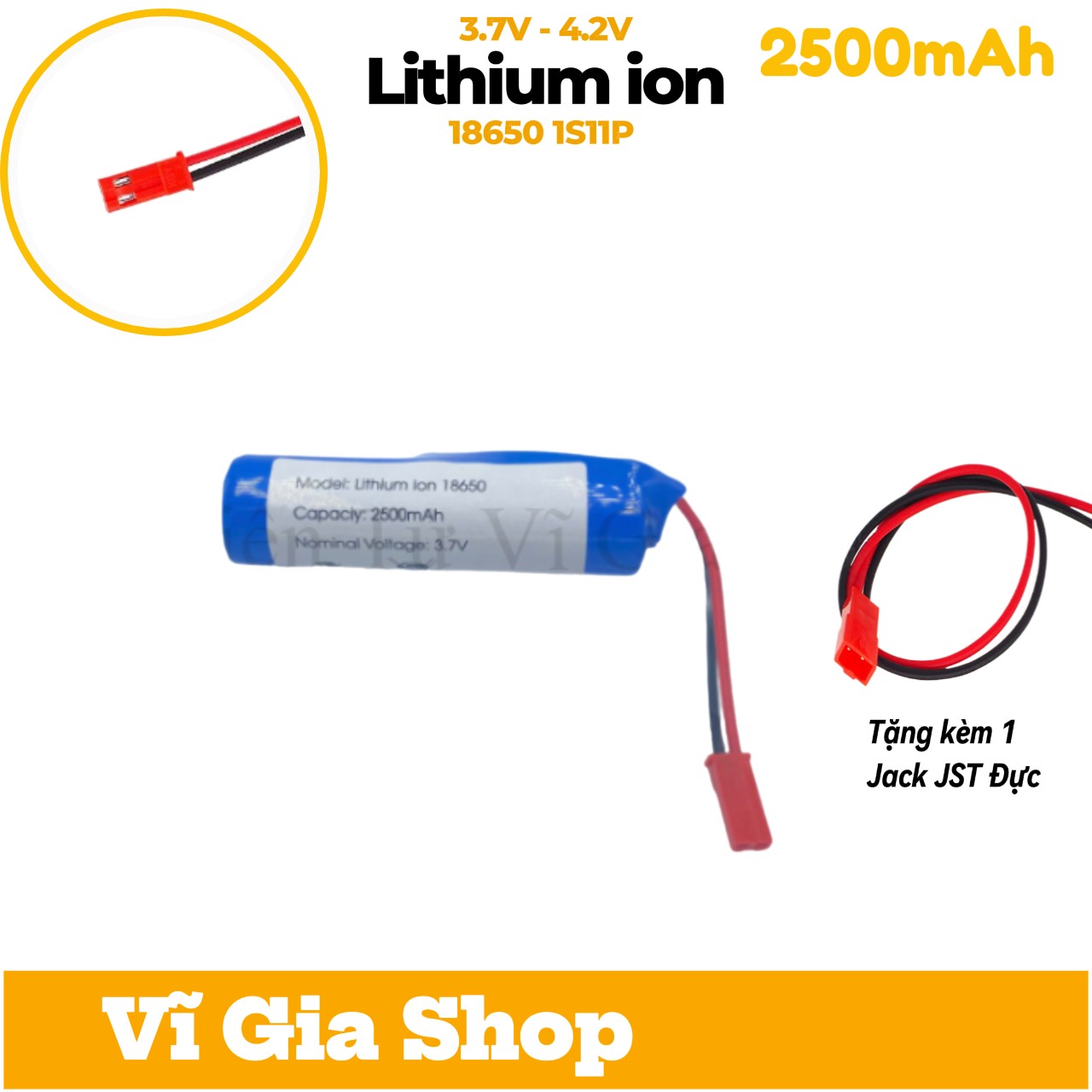 Pin sạc 3.7V Dung lượng 2500mAh - Jack nối JST 2P