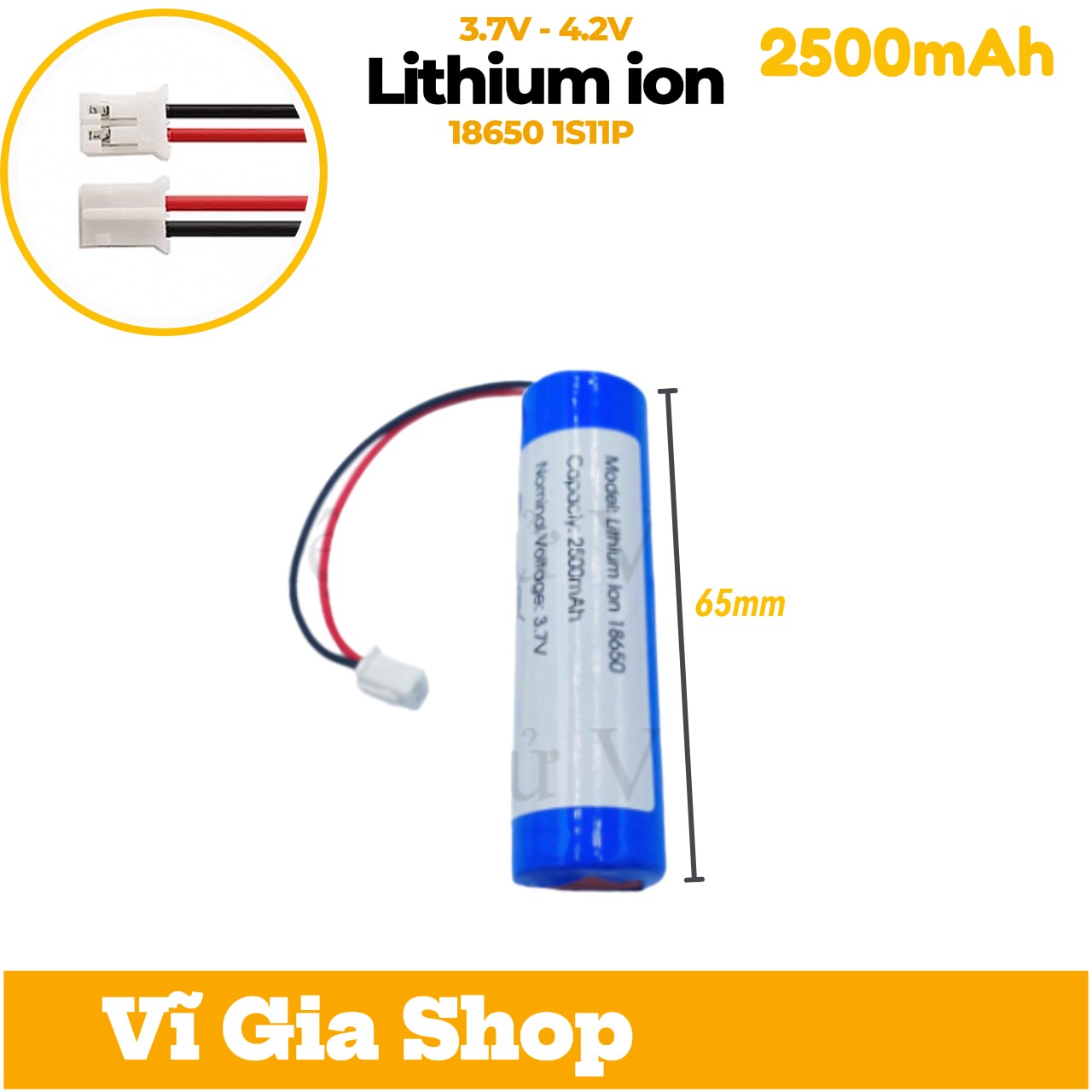 Pin sạc 3.7V Dung lượng 2500mAh - Jack nối PH 2.0mm 2P