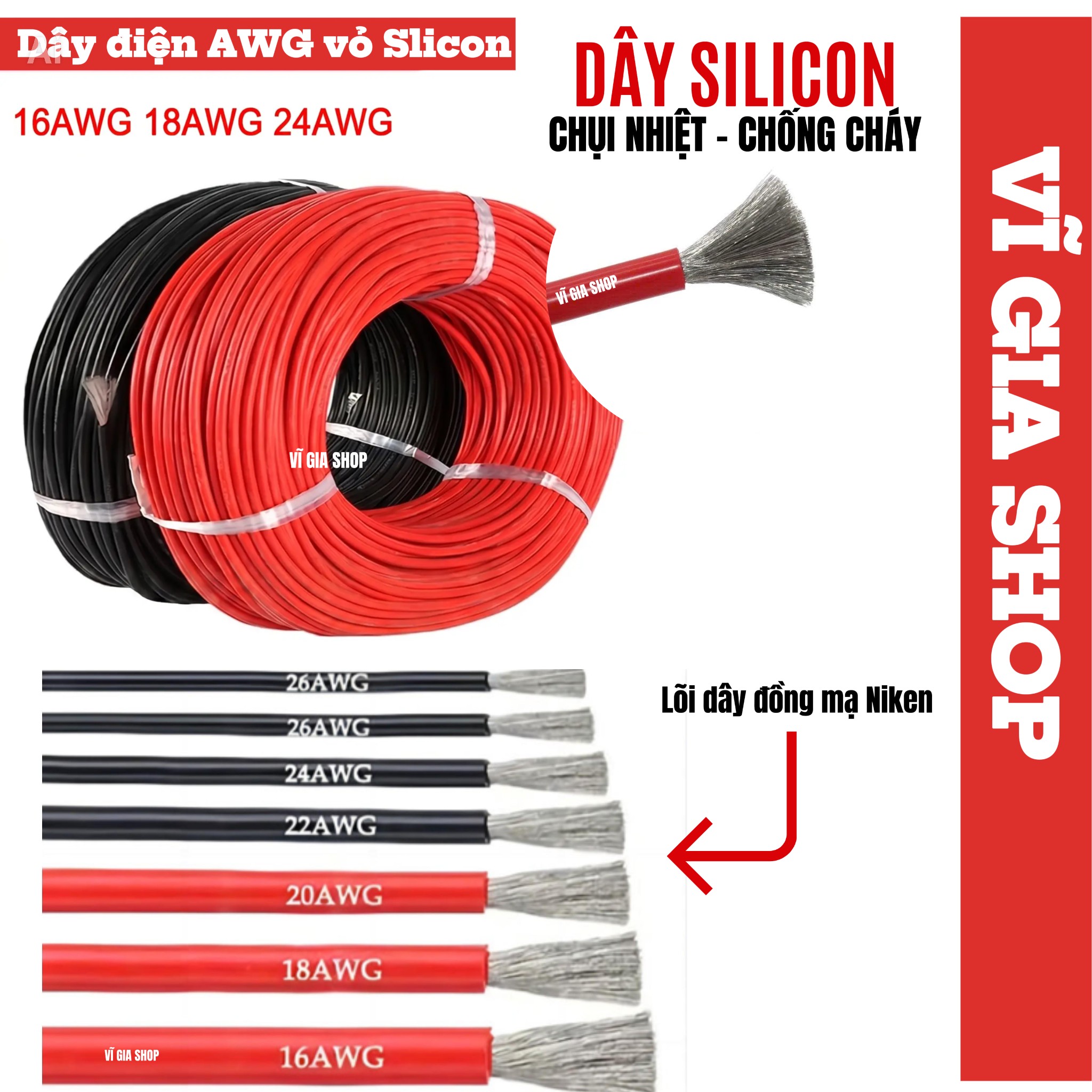 Dây Điện AWG Silicon Chịu Nhiệt Chống Cháy 16AWG 18AWG 24AWG - Vĩ Gia Shop