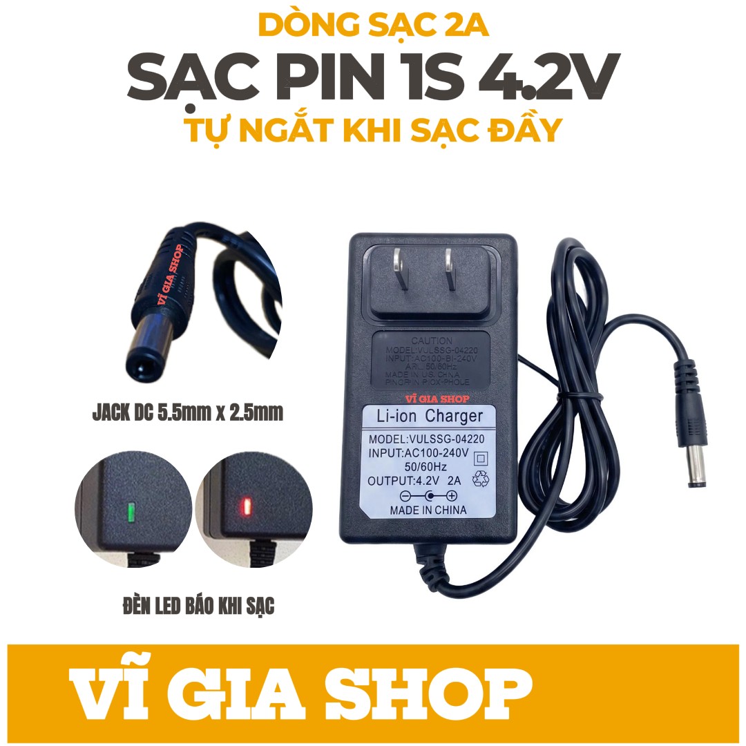 Sạc 1S 4.2V Dòng sạc 2A - Có đèn báo sạc và tự ngắt khi sạc đầy