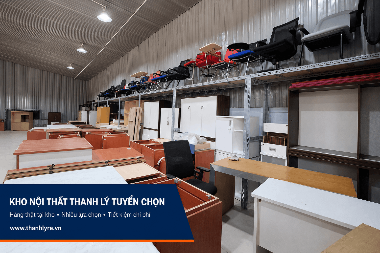 Khu trưng bày bàn ghế tủ văn phòng thanh lý tại kho Hóc Môn