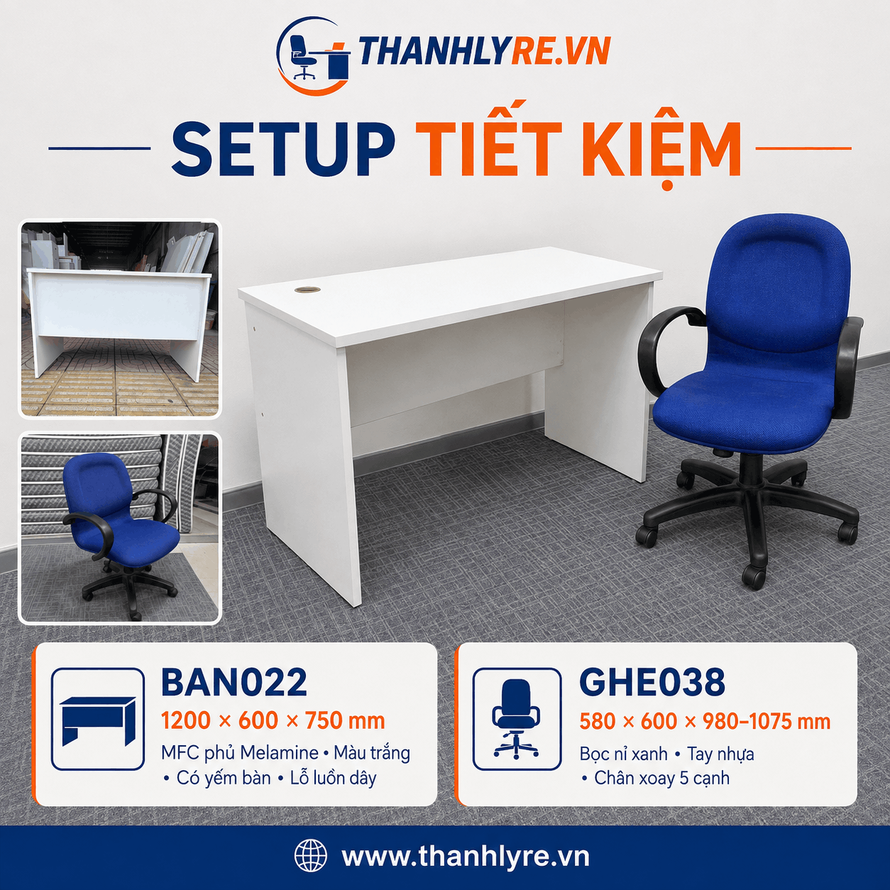 Combo bàn làm việc màu trắng và ghế xoay nỉ xanh