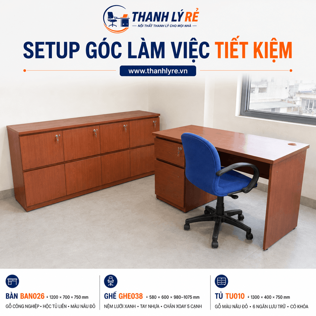 Setup nội thất tiết kiệm gồm bàn ghế và tủ hồ sơ