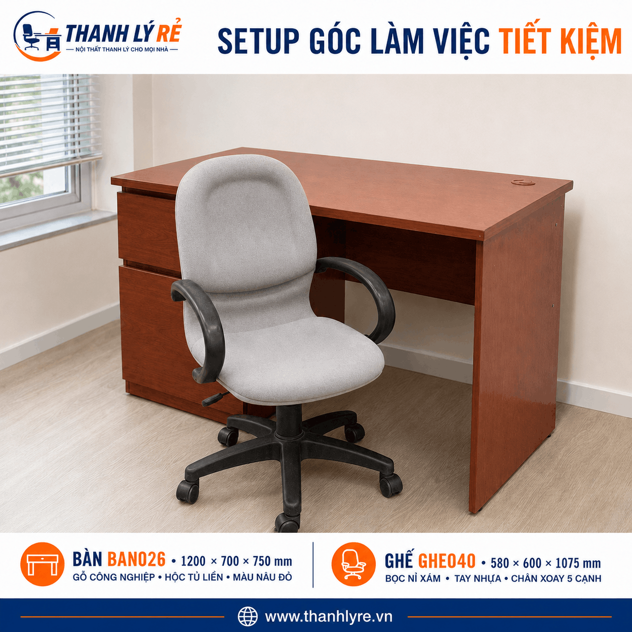 Combo bàn liền tủ và ghế xoay văn phòng