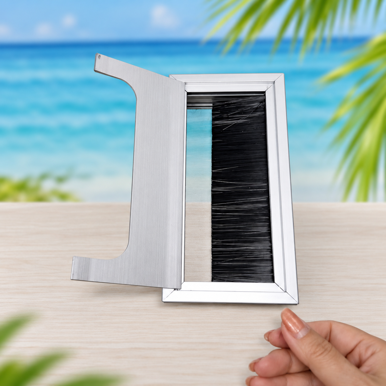 Nắp Luồn Dây Âm Bàn Bằng Nhôm Hình Chữ Nhật Có Nắp Lật Và Chổi Luồn Dây NHD124