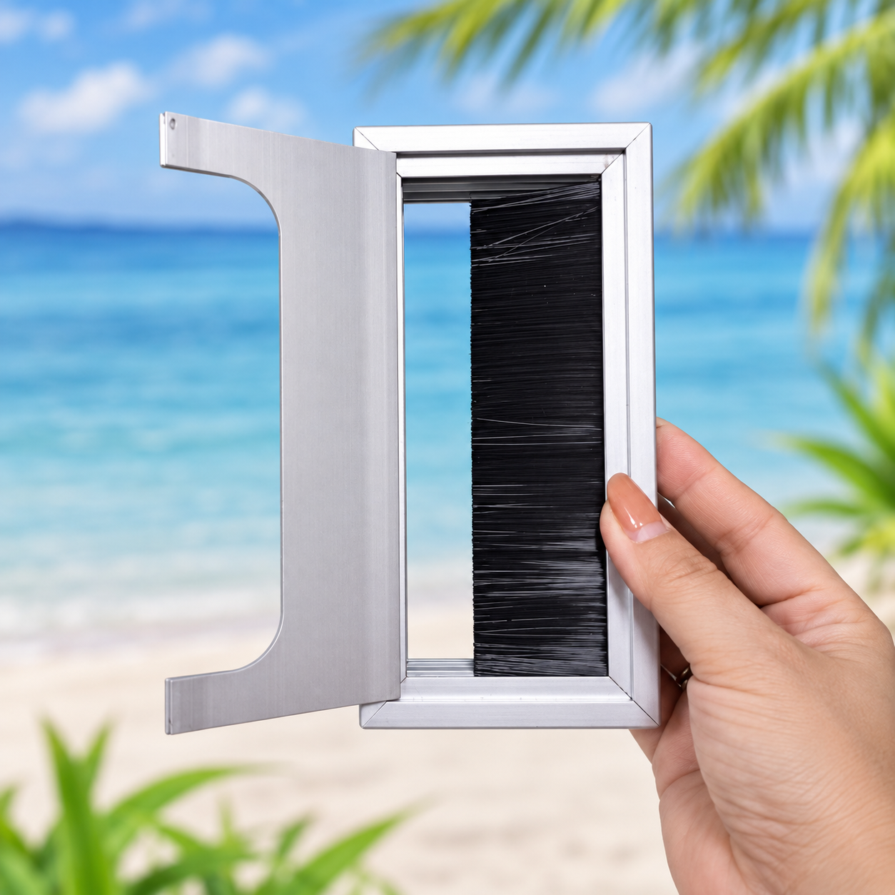 Nắp Luồn Dây Âm Bàn Bằng Nhôm Hình Chữ Nhật Có Nắp Lật Và Chổi Luồn Dây NHD124